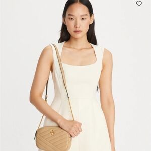 Tory Burch Kira Chevron Small Camera Bag In The Color Taupe.